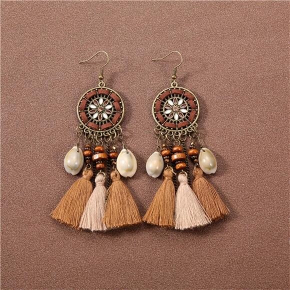 Boho Dreamcatcher Tassel Earrings | Feather & Turquoise Dangle Designs - Picture 7 of 7